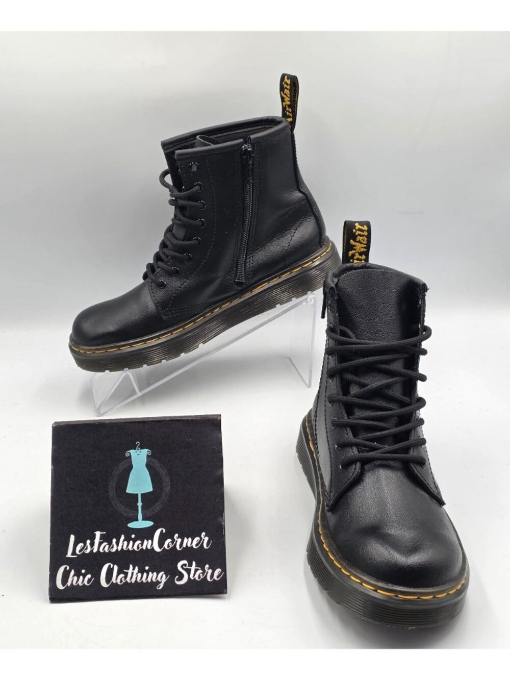 Dr. Martens Youth Kids Black Leather Zavala J Side Zip Combat Boots Size 3 3922